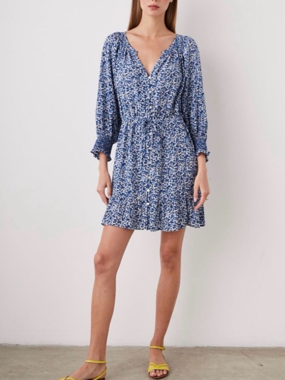 Rails Eliza Blue Floral V-Neck Long-Sleeve Dress NWT